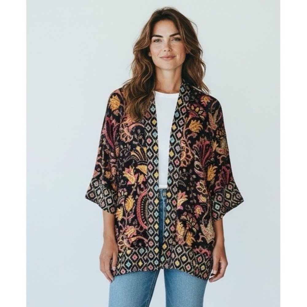 Soft Surroundings Women's L/XL Burnout Velvet Kimono Topper Jewel Tones EUC